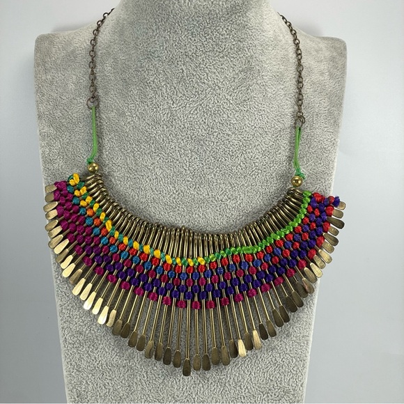 Unsigned Jewelry - Egyptian Antique Gold Tone Spike Ribbon Statement Choker Necklace Colorful